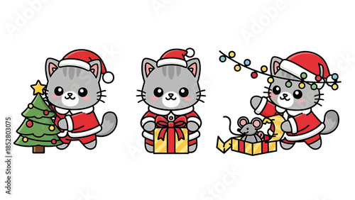 Christmas cats in Santa Claus outfit with gifts and tree.