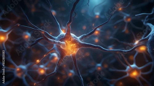 Close-up microscopic view of neurons firing electrical impulses