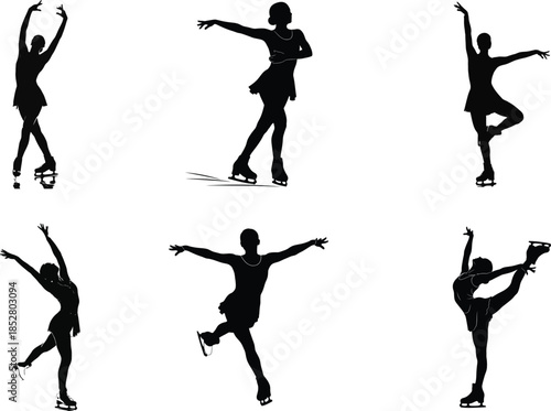 Silhouettes of ice skaters performing various poses on the ice