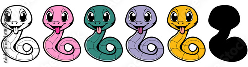 Colorful cartoon snakes with expressive faces in a playful design  