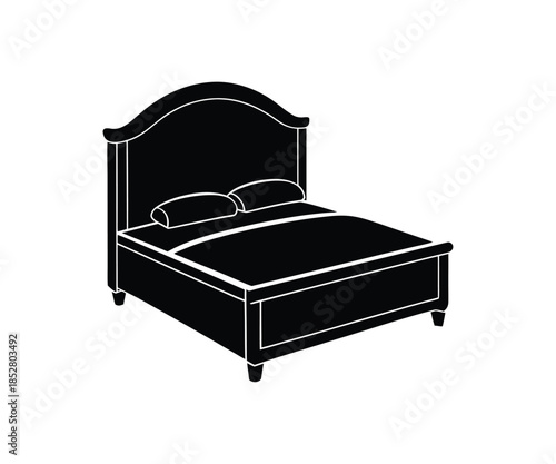 Black silhouette of a bed with headboard and pillows on white background Keywords: bed, silhouette, black, white background, furniture, bedroom