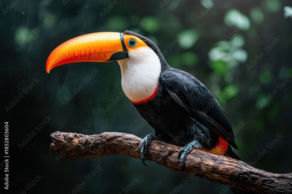 Fototapeta premium Colorful toucan perched on tree branch with vibrant orange beak and striking black and white feathers in natural green forest background