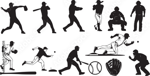 Baseball action icons set silhouette