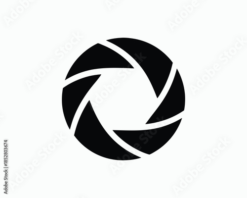 Black silhouette of a camera aperture with six curved blades forming a circular opening lens diaphragm