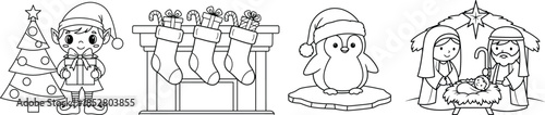 Christmas Coloring Pages Bundle for Kids - Elf with Tree, Fireplace Stockings, Cute Penguin in Hat, Nativity Scene with Mary Joseph and Baby, Printable Holiday Line Art Vector Set