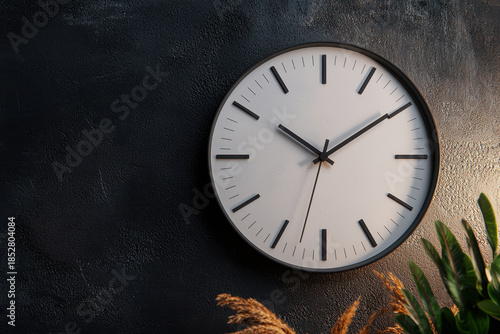 Wallpaper Mural Modern minimalist wall clock with thin black metallic frame and simple white face mounted on textured dark wall, surrounded by green and brown plants, creating calm atmosphere Torontodigital.ca