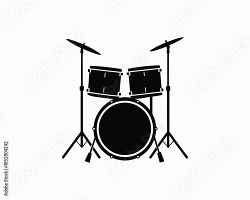 Black Silhouette of a Drum Kit on White Background drums music