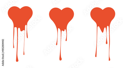 Red hearts with paint drips. Melting hearts with drops. Hand-drawn trendy vector illustration. Isolated design elements. Logo, sticker, print template.
