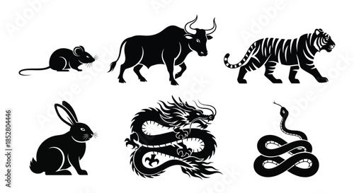 Black silhouettes of zodiac animals on white background vector