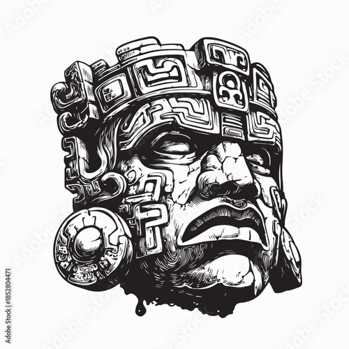 Ancient Mayan Stone Sculpture Head Image Vector Isolated On White Background