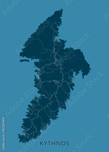 Map of Kythnos Island is displayed against a teal background. The island's shape is rendered in a darker shade of teal, with intricate white lines delineating the roads and waterways.