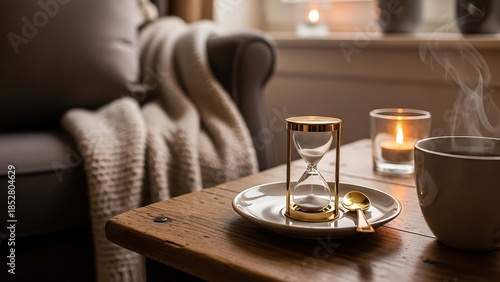 Cozy living room with hourglass and candle.