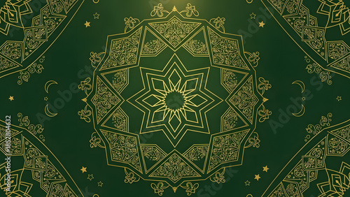 Design a Ramadan background inspired by Islamic geometric patterns, rich green and gold tones, symmetrical layout, and elegant details