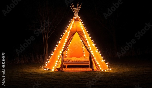 Wallpaper Mural Cozy Glamping Tent Illuminated with Warm String Lights in a Dark Night Landscape Torontodigital.ca