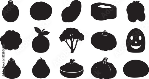 Black silhouette icons of produce and objects
