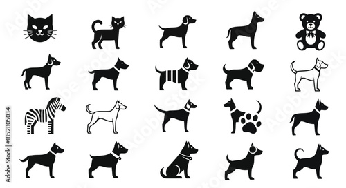Collection of black animal silhouettes and icons on white background vector