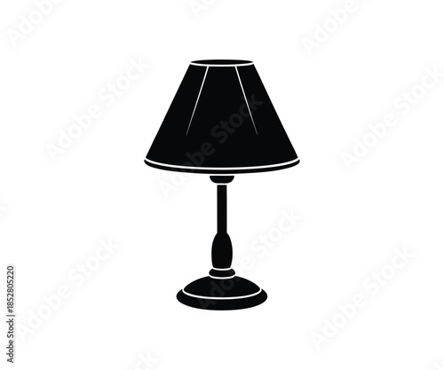 Black silhouette of a table lamp with a conical shade on white background Keywords: lamp, table lamp, silhouette, black, white background