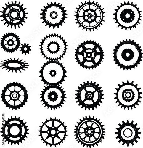 Gear icon set in black silhouette vector style featuring mechanical cogwheels with varied teeth and inner designs