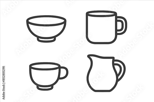 Four Outline Icons of Drinkware on Gray Gradient Background