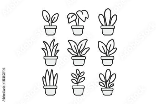 Collection of nine potted plant icons on a grey background