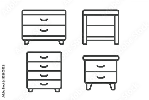 Set of four simplified 3D furniture icons on a gray background