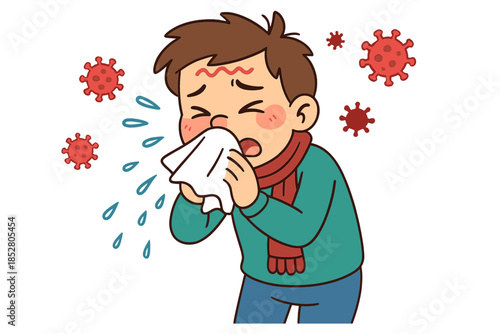 Cartoon sick child sneezing with virus