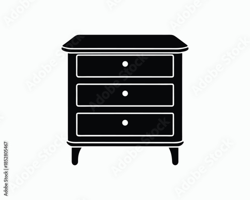 Black silhouette of a three-drawer nightstand with white handles on a white background bedside table