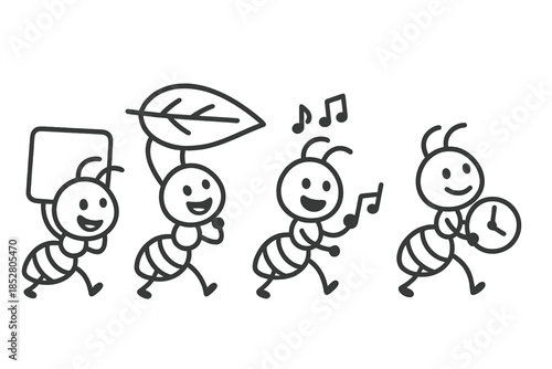 Cute cartoon ants in a line