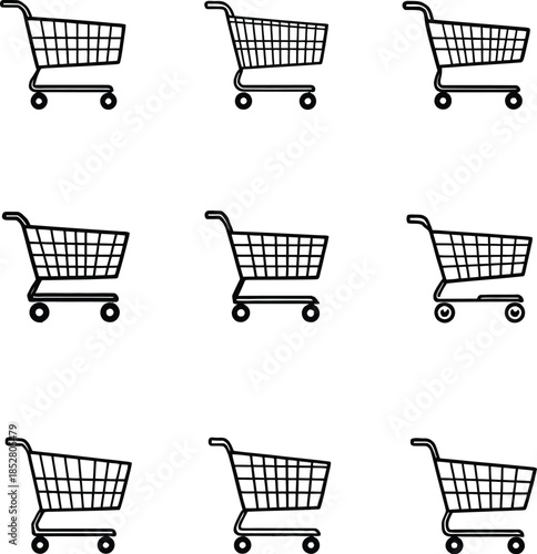 Shopping cart icon grid in minimal black and white vector style, ideal for ecommerce, retail, and consumer design