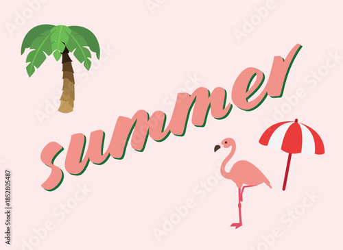 it's summer! banner flamingo pink cute pretty animal bird tropical summer emoji symbol sign icon vector illustration isolated flat palm tree parasol sun