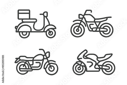 Set of four stylized motorcycle and scooter icons on a dark background