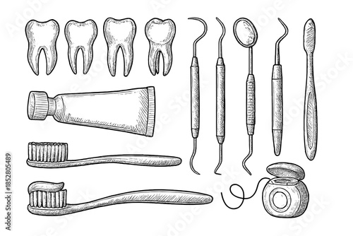 Dental Care Tools and Teeth Illustration