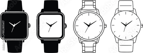 Minimal wristwatch vector set with square and round faces, black and white straps, clean design, modern timepieces