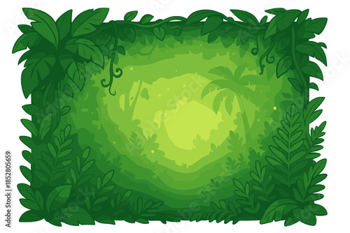 Vibrant Jungle Scene with Lush Foliage and Palm Tree Silhouette