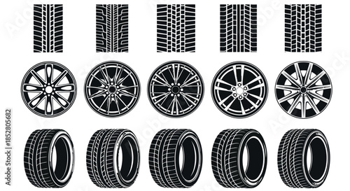 Collection of black and white tire and wheel designs on a white background vector