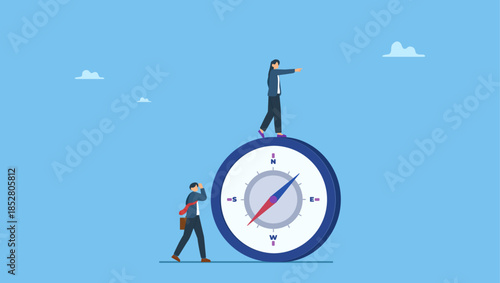 Confidence businesswoman team leader standing on compass leading the way. Women leadership, successful female lead business direction or lady visionary to achieve goals.