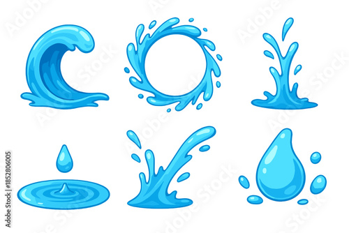 Collection of cartoon water splashes and drops