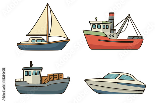 Collection of four cartoon boats and ships on a gradient background