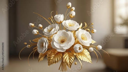 A delicate arrangement of white and gold flowers in a soft focused setting