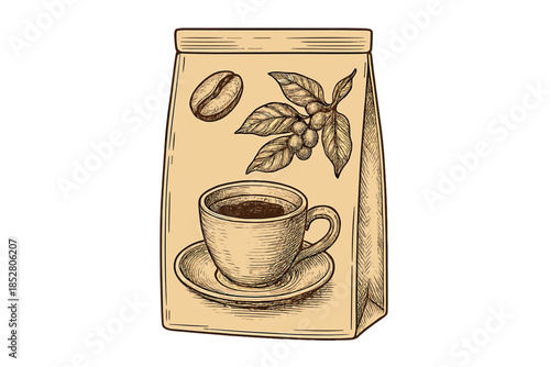 Hand-drawn coffee bag with cup and beans