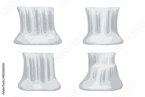 Four cascading waterfalls in a grayscale gradient background.