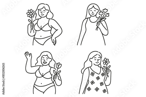 Line art of diverse women holding flowers