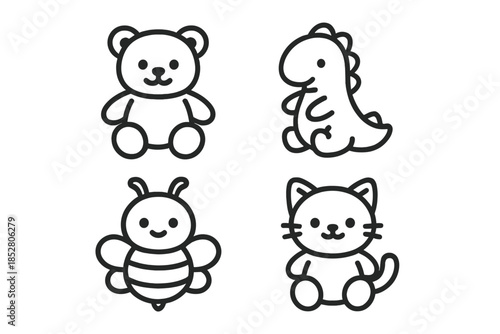 Four cartoon toy outlines on a dark background