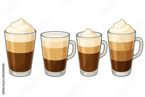Four layered coffee drinks in clear glasses