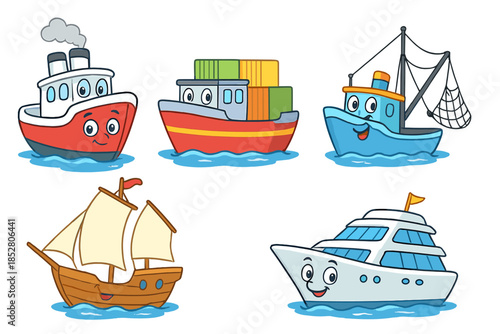 Cute cartoon ships on water