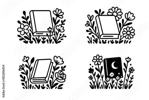 Four minimalist icons of books surrounded by flowers