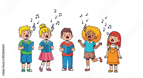 Cartoon children singing with musical notes on white background vector