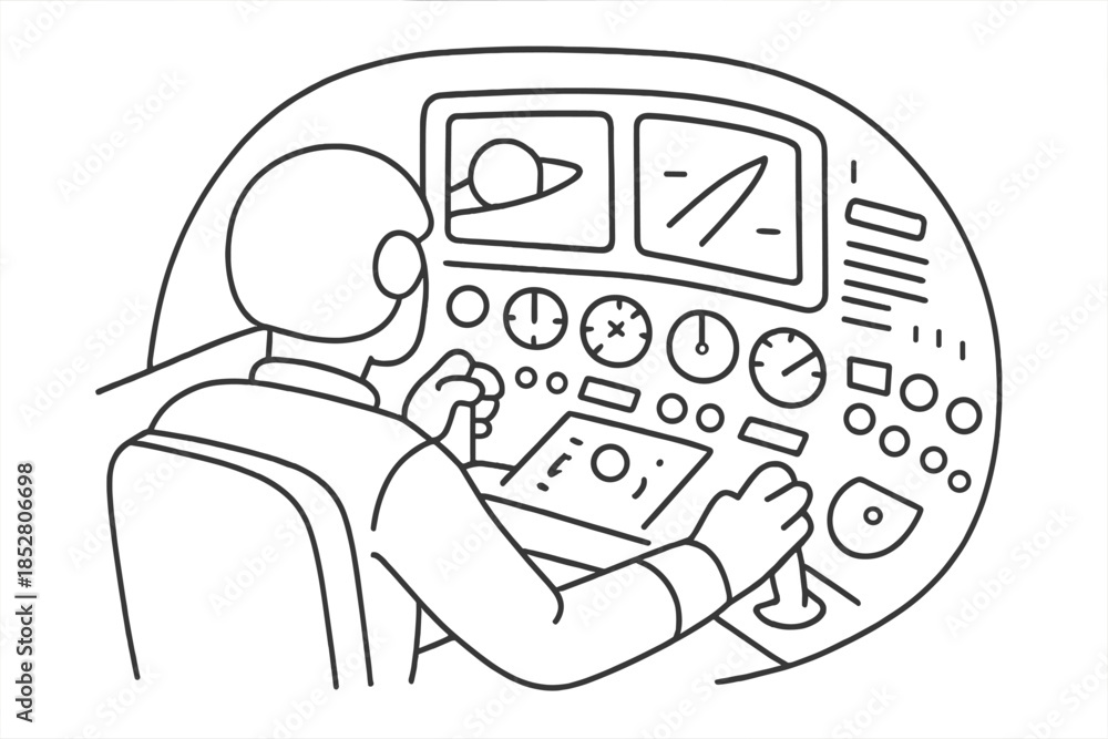 Naklejka premium Astronaut at control panel with screens and gauges