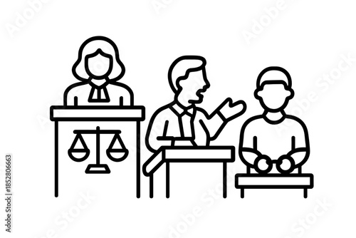Courtroom icons featuring a judge, lawyer, and defendant