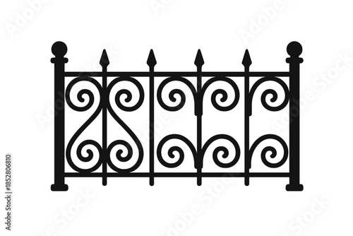 Black wrought iron fence with ornate scrollwork and pointed finials